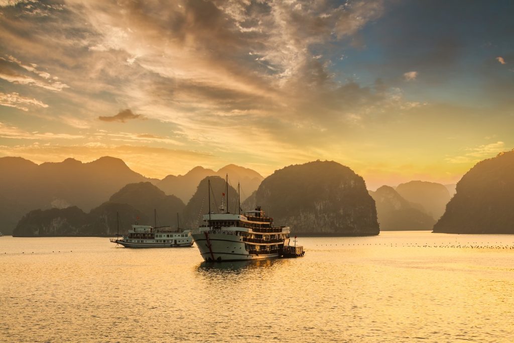 Sunset over the islands of Halong Bay in Vietnam