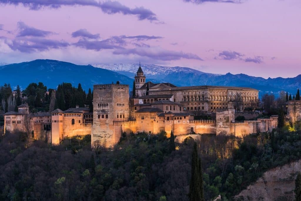 Illuminated Arabic Alhambra palace in granada spain